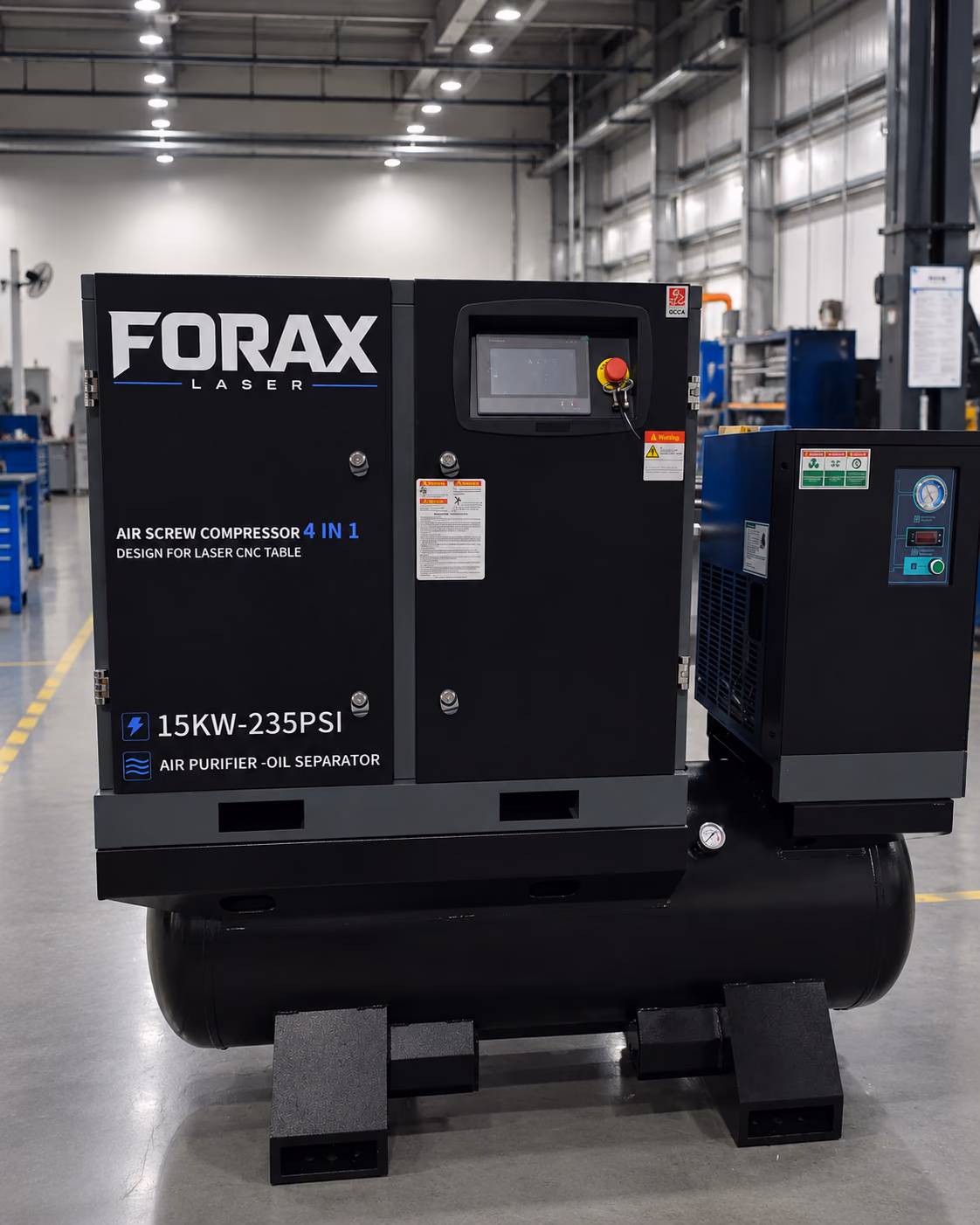 Compresseur à vis Forax installé dans un atelier.